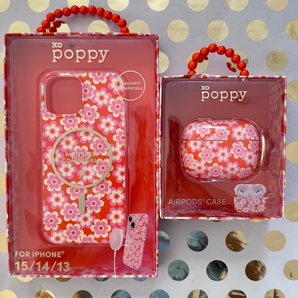 XO Poppy Floral iPhone and AirPods Case Set - Red and Pink